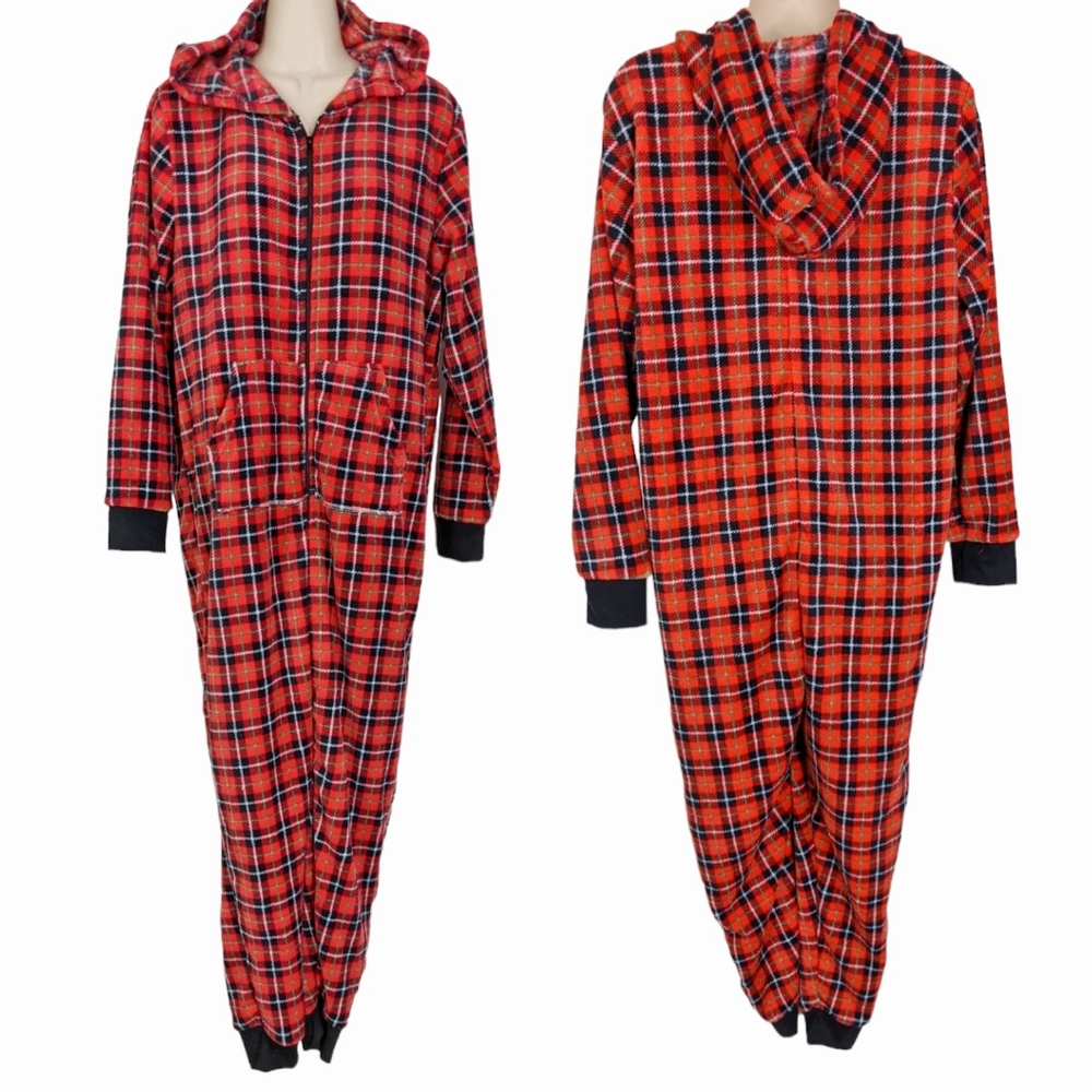 PILLOW TALK Tartan Plaid Hooded Kangaroo Pocket Union Suit Sleeper NWT S…